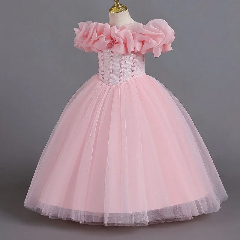 Girls' Pearl Sequin Princess Dress 4-12 Fashion Off Shoulder Bunny Dress Banquet High end Lacing Evening Dress