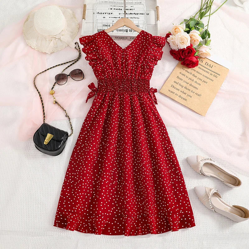 Girl Dress Summer New Red Classic Retro Dot Dress Vacation Holiday Daily Casual Birthday Party Fashion For 8-12Ys Kids Outfit