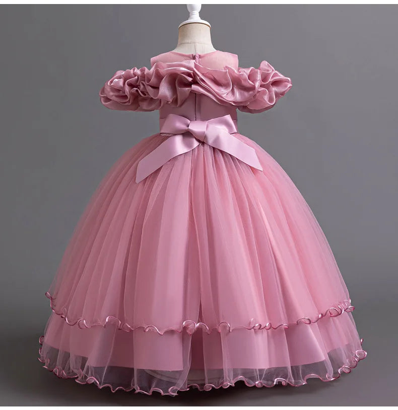 New Elegant Girl Party Dress Long Wedding Bridesmaid Dress 4-13 Year Old Mesh Embroidered Graduation Ball Evening Dress