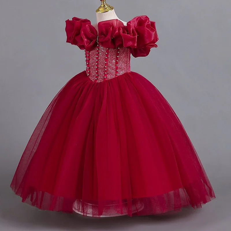 Girls' Pearl Sequin Princess Dress 4-12 Fashion Off Shoulder Bunny Dress Banquet High end Lacing Evening Dress