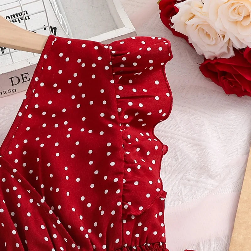 Girl Dress Summer New Red Classic Retro Dot Dress Vacation Holiday Daily Casual Birthday Party Fashion For 8-12Ys Kids Outfit