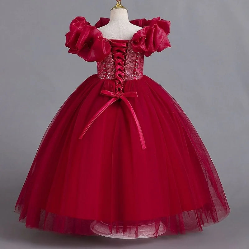 Girls' Pearl Sequin Princess Dress 4-12 Fashion Off Shoulder Bunny Dress Banquet High end Lacing Evening Dress