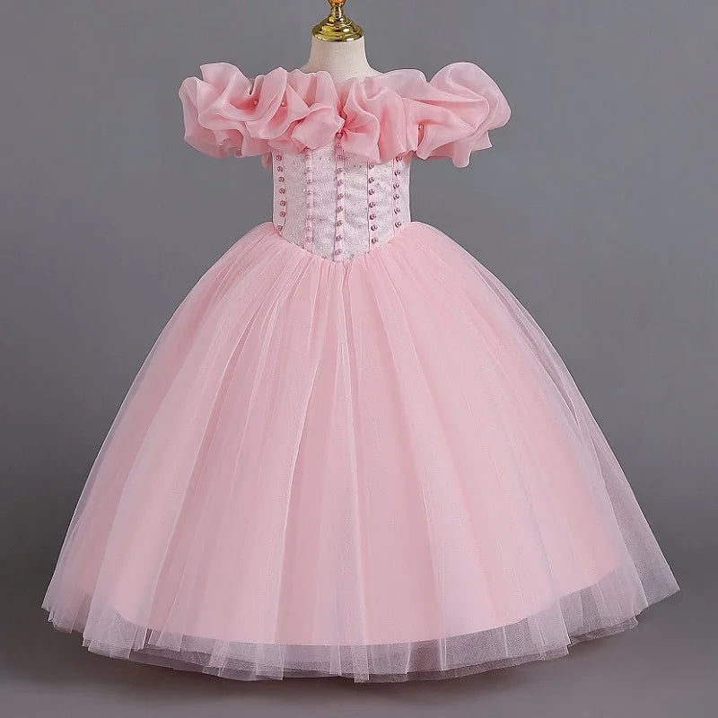 Girls' Pearl Sequin Princess Dress 4-12 Fashion Off Shoulder Bunny Dress Banquet High end Lacing Evening Dress