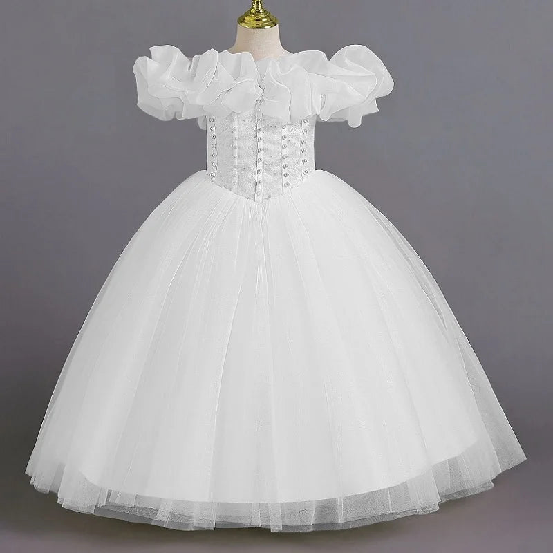 Girls' Pearl Sequin Princess Dress 4-12 Fashion Off Shoulder Bunny Dress Banquet High end Lacing Evening Dress