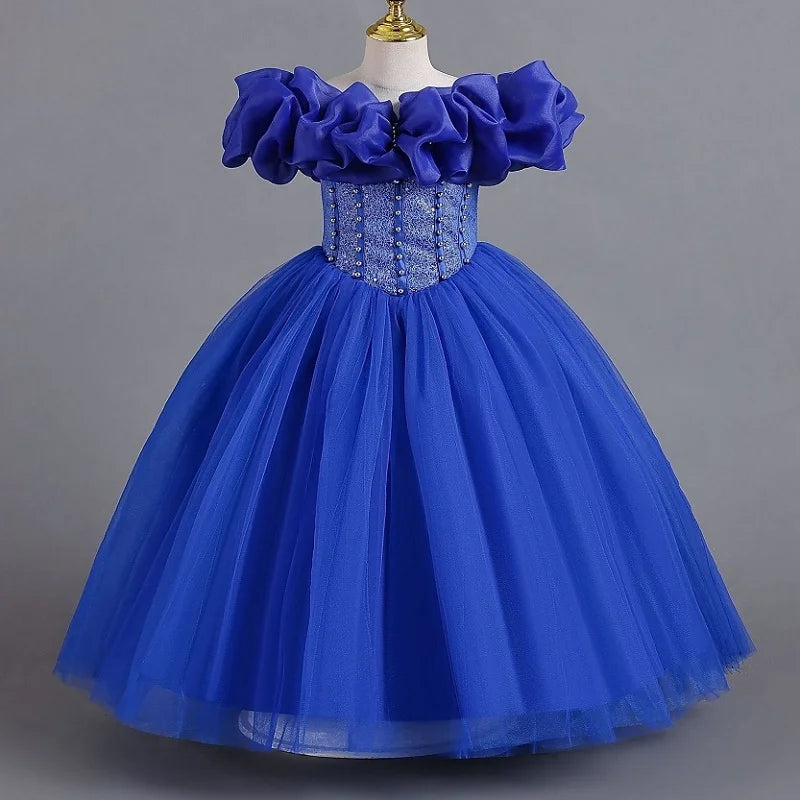 Girls' Pearl Sequin Princess Dress 4-12 Fashion Off Shoulder Bunny Dress Banquet High end Lacing Evening Dress