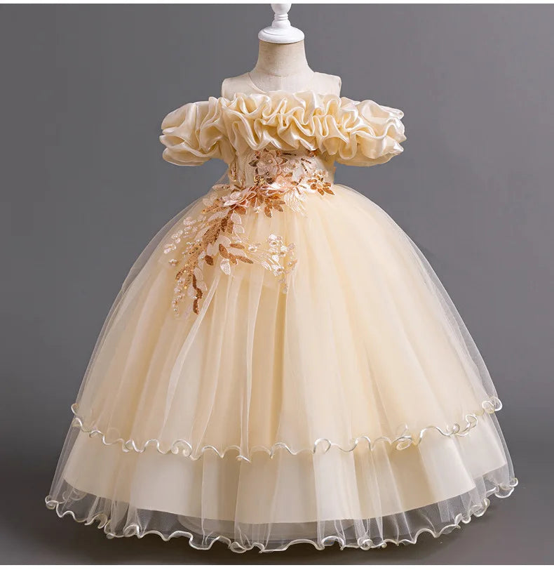 New Elegant Girl Party Dress Long Wedding Bridesmaid Dress 4-13 Year Old Mesh Embroidered Graduation Ball Evening Dress
