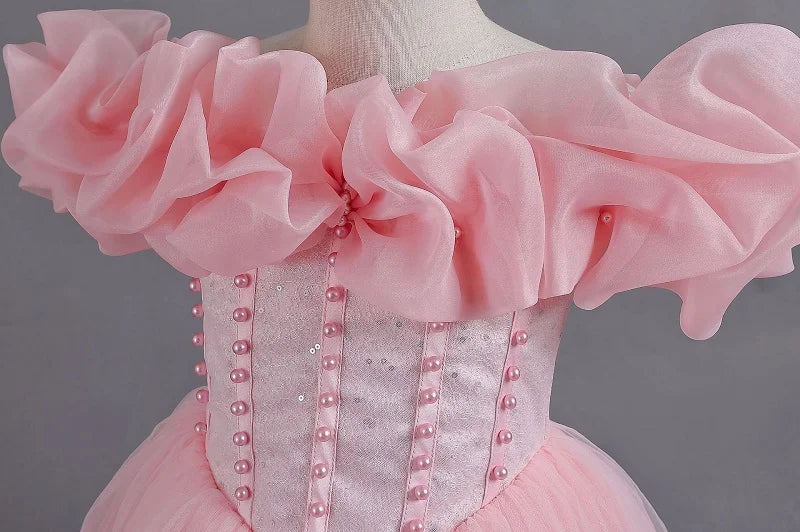Girls' Pearl Sequin Princess Dress 4-12 Fashion Off Shoulder Bunny Dress Banquet High end Lacing Evening Dress