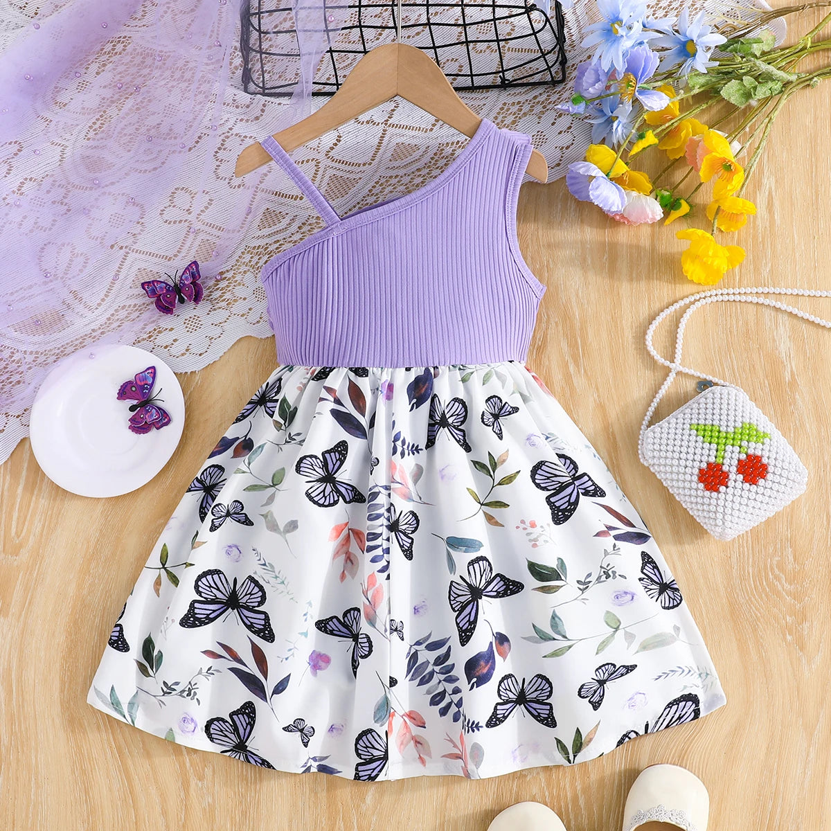 Little princess's ruffled butterfly flower printed suspender dress