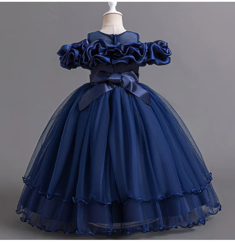 New Elegant Girl Party Dress Long Wedding Bridesmaid Dress 4-13 Year Old Mesh Embroidered Graduation Ball Evening Dress