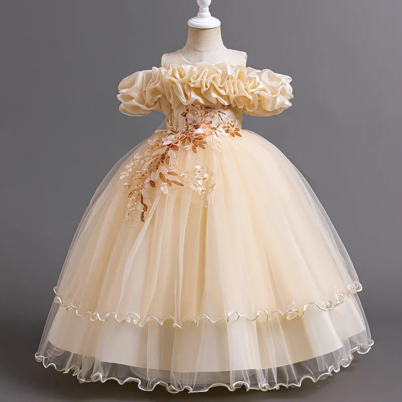 New Elegant Girl Party Dress Long Wedding Bridesmaid Dress 4-13 Year Old Mesh Embroidered Graduation Ball Evening Dress