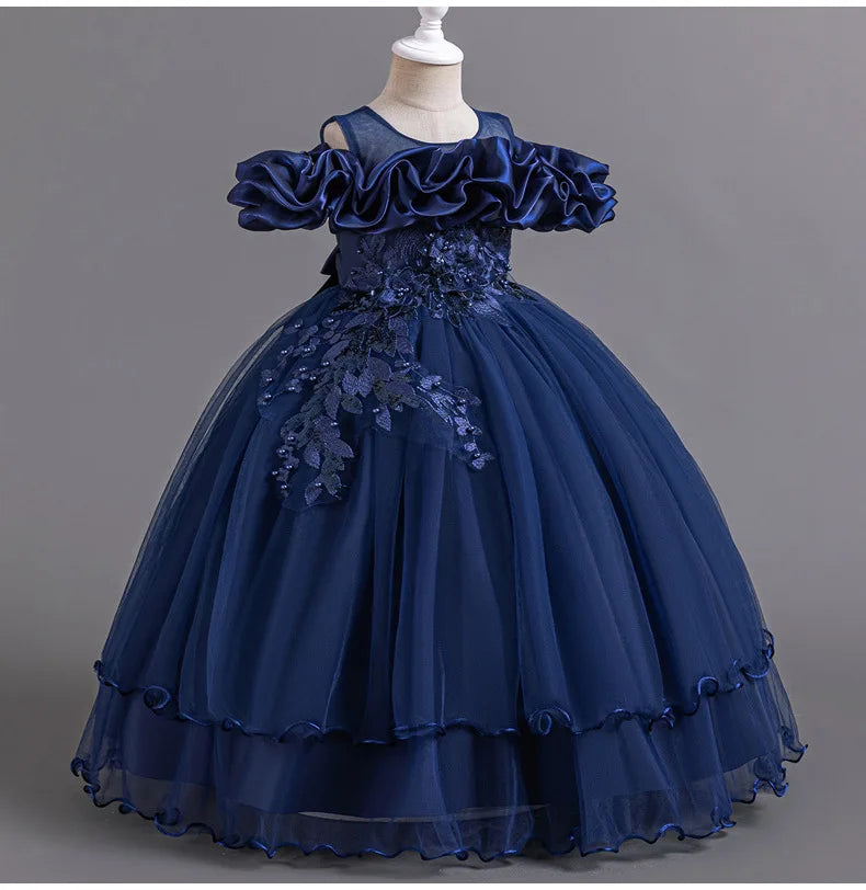 New Elegant Girl Party Dress Long Wedding Bridesmaid Dress 4-13 Year Old Mesh Embroidered Graduation Ball Evening Dress