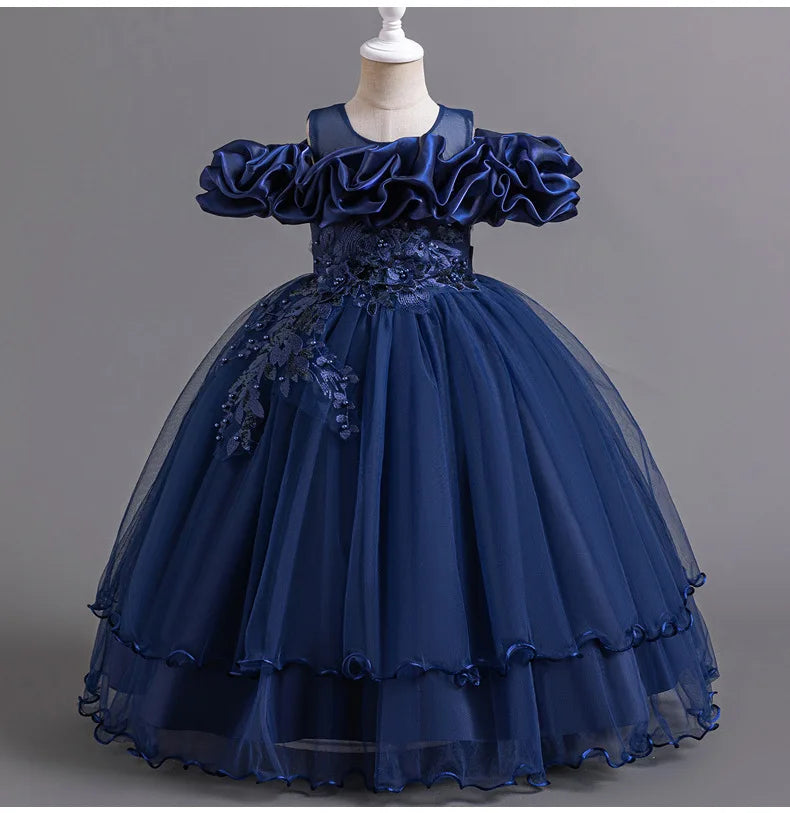 New Elegant Girl Party Dress Long Wedding Bridesmaid Dress 4-13 Year Old Mesh Embroidered Graduation Ball Evening Dress