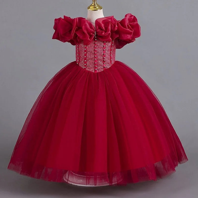 Girls' Pearl Sequin Princess Dress 4-12 Fashion Off Shoulder Bunny Dress Banquet High end Lacing Evening Dress
