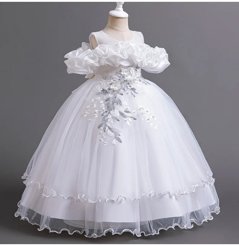 New Elegant Girl Party Dress Long Wedding Bridesmaid Dress 4-13 Year Old Mesh Embroidered Graduation Ball Evening Dress