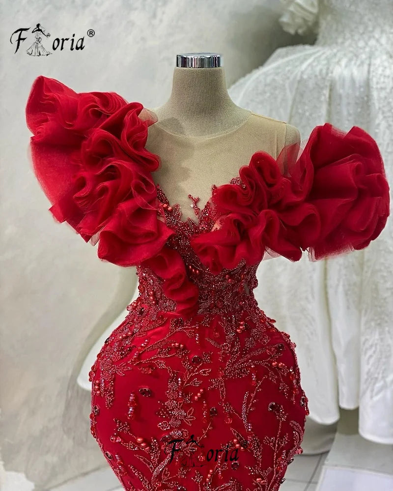 Luxury Red Formal Evening Dress Beaded Ruffle Mermaid Prom Dresses 2026 Arabic Wedding Enagement Party Gowns Long Robe De Mariee