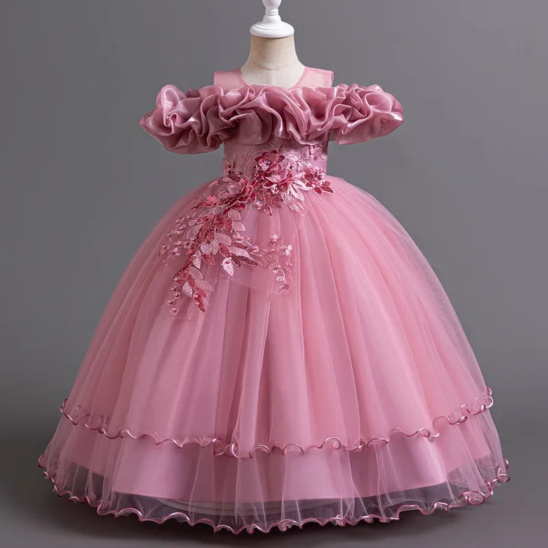 New Elegant Girl Party Dress Long Wedding Bridesmaid Dress 4-13 Year Old Mesh Embroidered Graduation Ball Evening Dress