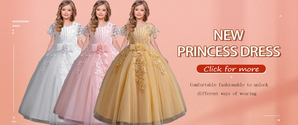 New Elegant Girl Party Dress Long Wedding Bridesmaid Dress 4-13 Year Old Mesh Embroidered Graduation Ball Evening Dress