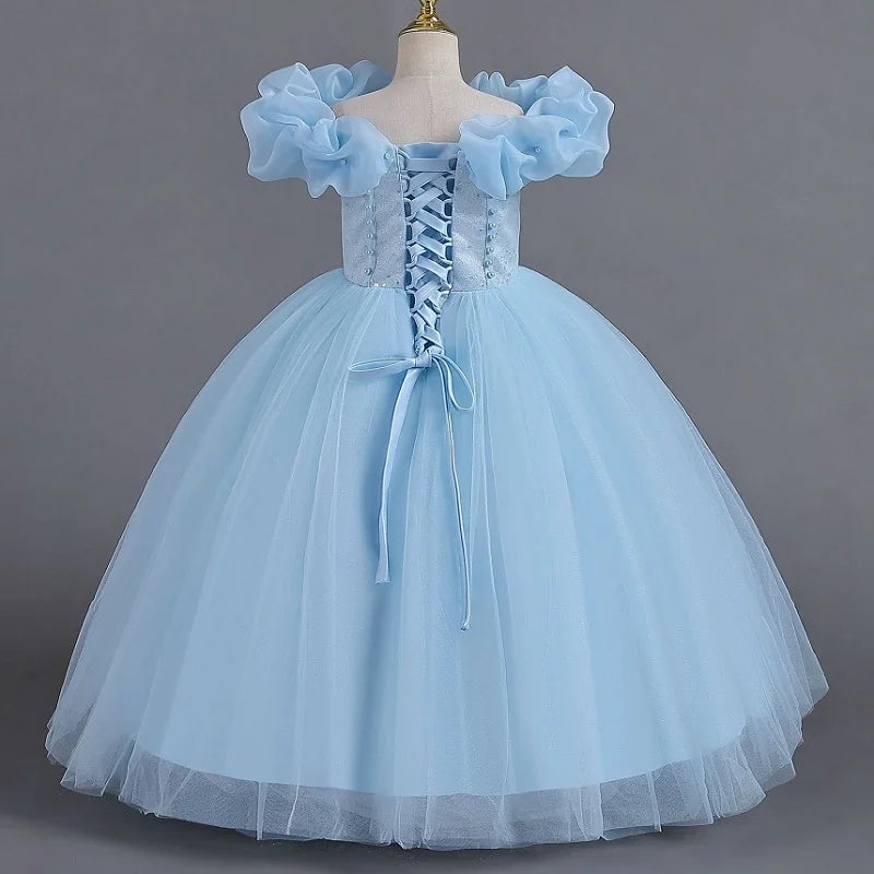 Girls' Pearl Sequin Princess Dress 4-12 Fashion Off Shoulder Bunny Dress Banquet High end Lacing Evening Dress