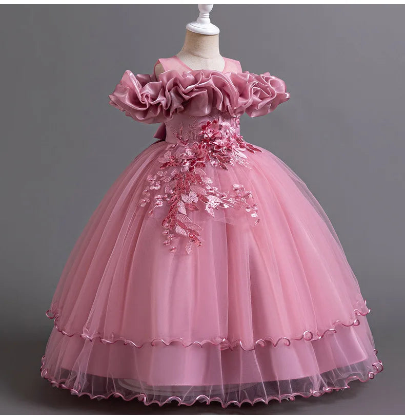 New Elegant Girl Party Dress Long Wedding Bridesmaid Dress 4-13 Year Old Mesh Embroidered Graduation Ball Evening Dress