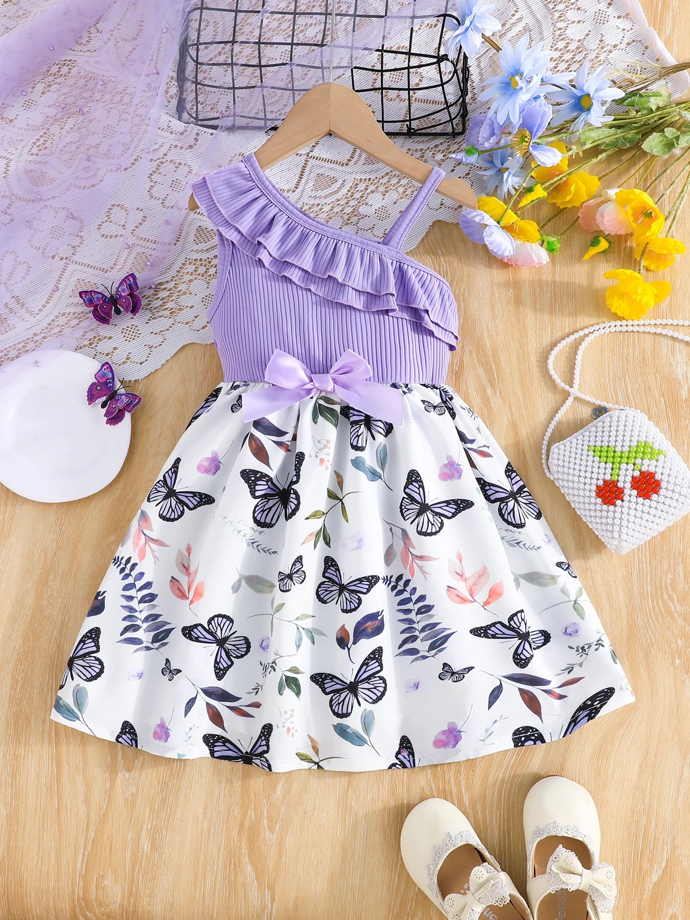Little princess's ruffled butterfly flower printed suspender dress