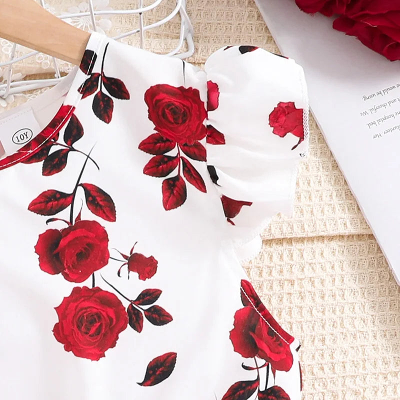 Set For Kids Girl 8-12 Years Ruffled Sleeve Rose Floral Print Tulle Cute Princess Formal Dresses with Belt Ootd For Baby Girls