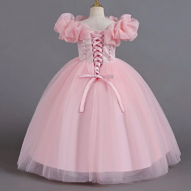Girls' Pearl Sequin Princess Dress 4-12 Fashion Off Shoulder Bunny Dress Banquet High end Lacing Evening Dress