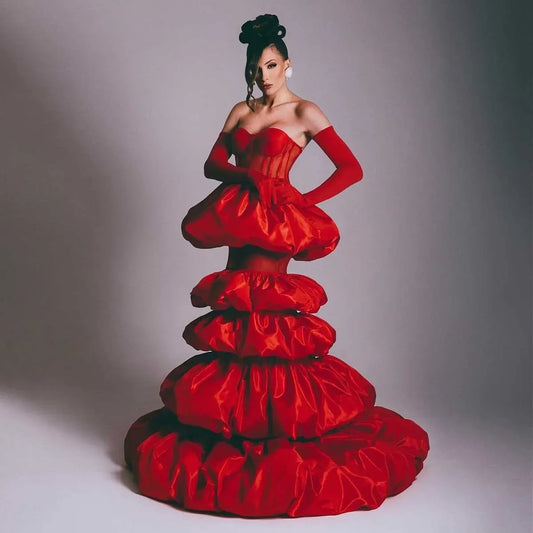 2025 Elegant Dark Red Maxi Dress for Women Long Shining Handmade Layered Mermaid Style Sweetheart Floor Length Formal Prom Dress