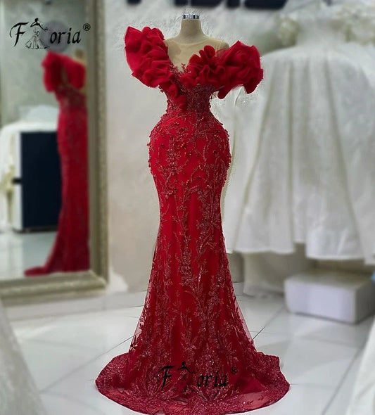 Luxury Red Formal Evening Dress Beaded Ruffle Mermaid Prom Dresses 2026 Arabic Wedding Enagement Party Gowns Long Robe De Mariee