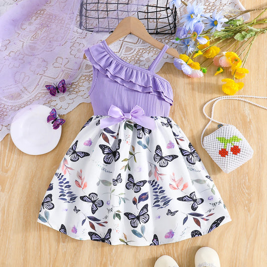 Little princess's ruffled butterfly flower printed suspender dress